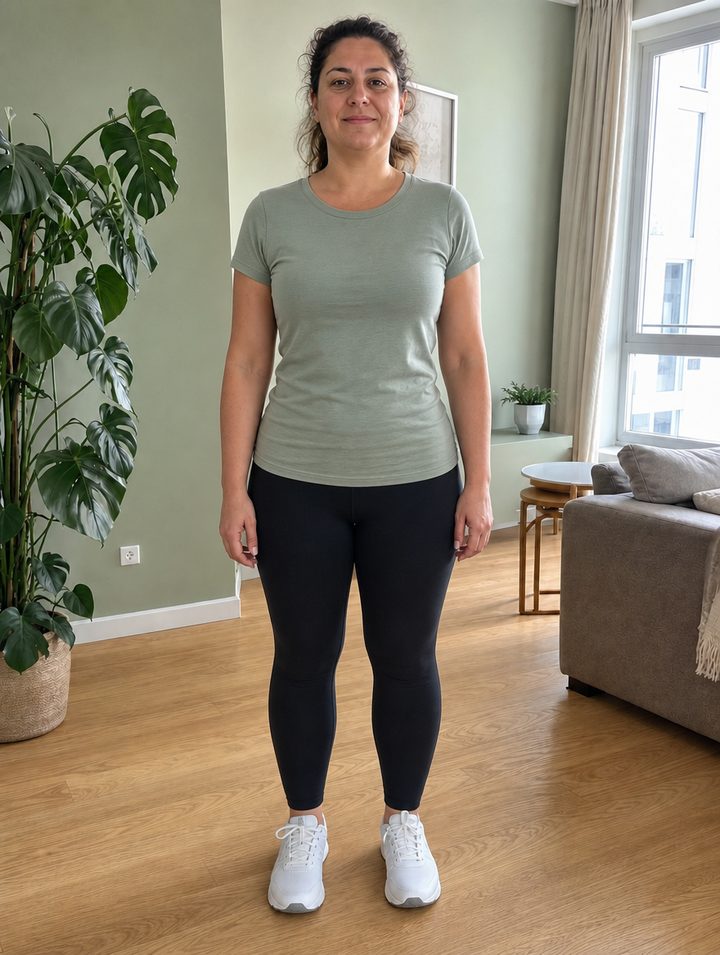 AI-generated image: the same woman after, slimmer, in a green t-shirt