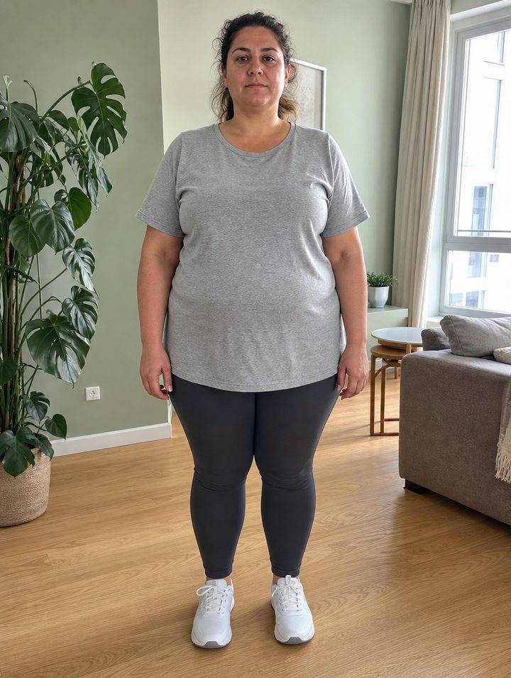 AI-generated image: the same woman before, heavier, in a grey t-shirt