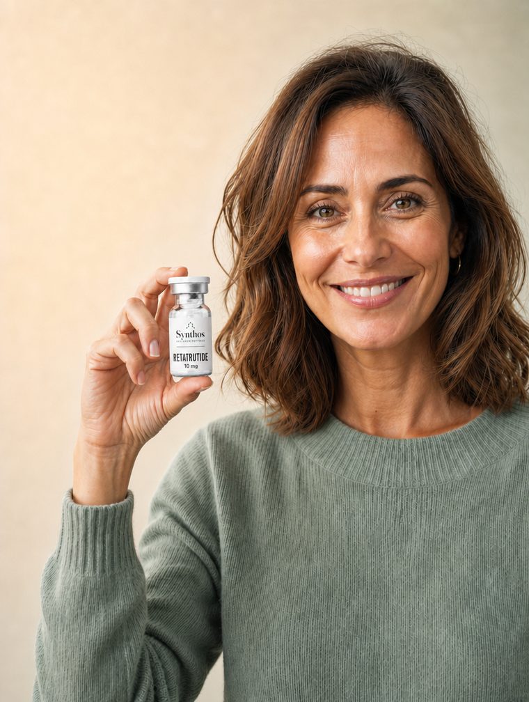 Smiling woman holding a vial of Synthos Retatrutide 10 mg